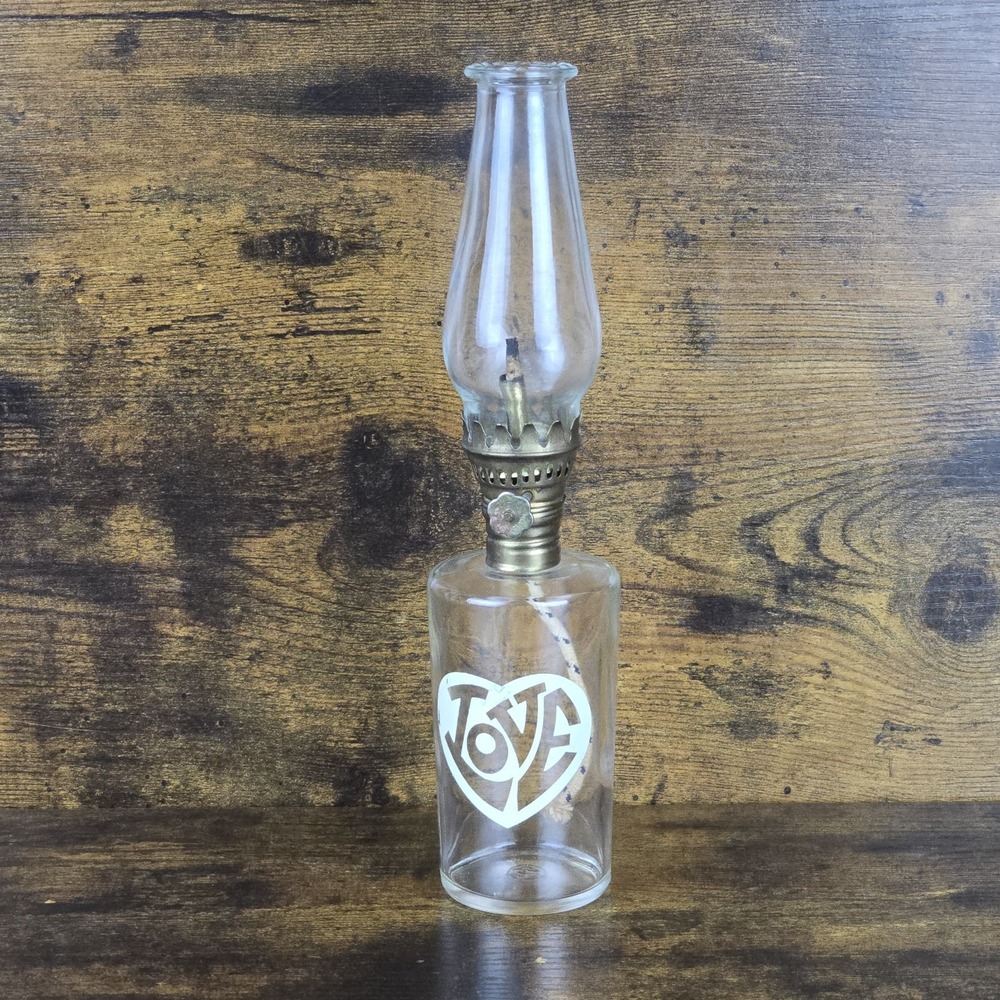 Vintage Foster Forbes Glass Co. Bottle Oil Lamp LOVE Graphic‎ Mini Kerosene 10"